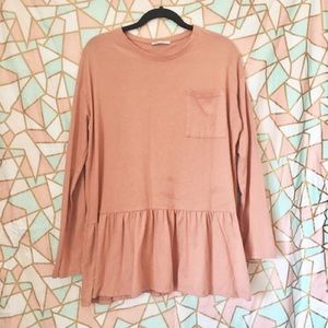 Zara peach peplum long sleeve cotton tee
